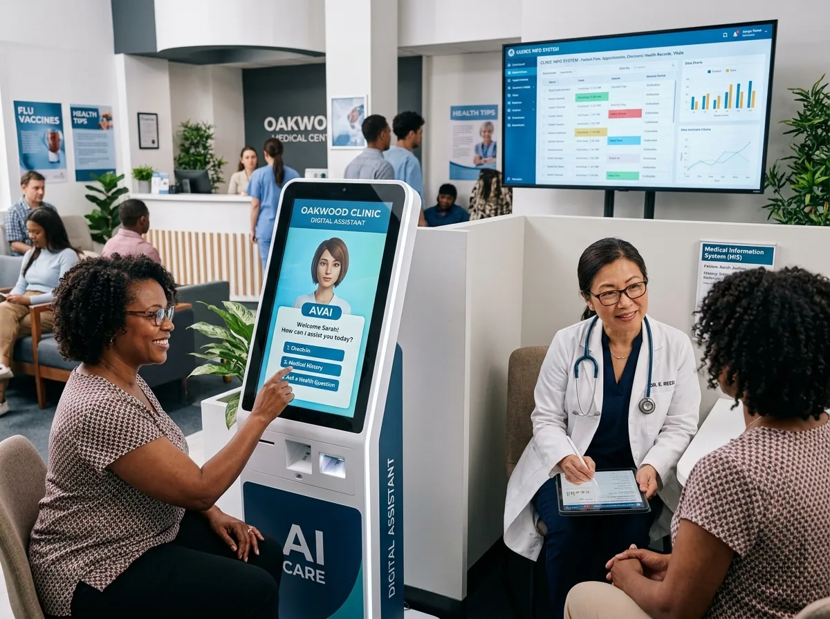 Схема работы цифрового AI-ассистента в медицинской клинике: пациент, чат-бот, врач, МИС